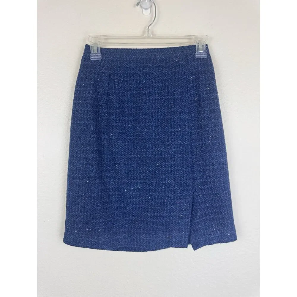 Vintage Norton McNaughton Preppy Tweed Mini Pencil Skirt Slit Blue Navy 4P
